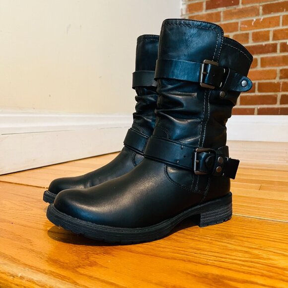 EARTH Women's Everwood Boots 7B Black Leather Mid-Calf Side Zipper Biker Moto - Picture 14 of 16